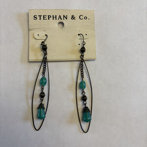 Stephan & Co. Antique Brass Teal Bead Long Wire Drop Earrings NWT